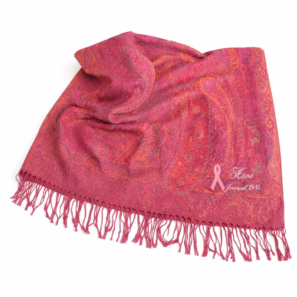 Hope Breast Cancer Awareness Scarf Pink Paisley Fringe Wrap Shawl, NWOT - Picture 2 of 6